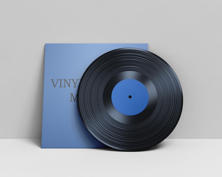 PSD mockup psd free un disco de vinilo está en una caja azul con la palabra vinilo en él