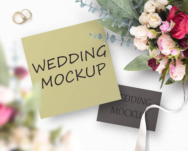 PSD mockup psd gratis un ramo de flores y una nota que dice maqueta de boda