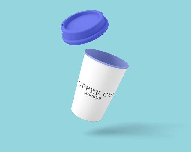 Mockup psd grátis, uma xícara de café com tampa azul está voando no ar