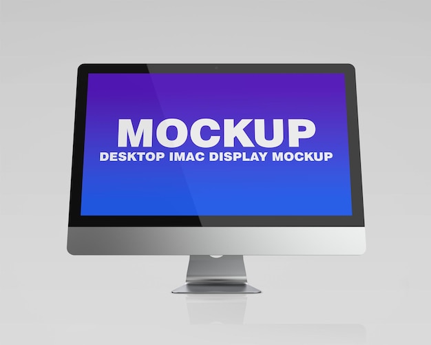 Mockup PSD gratuito de um monitor de computador com uma tela azul que diz exibição na área de trabalho