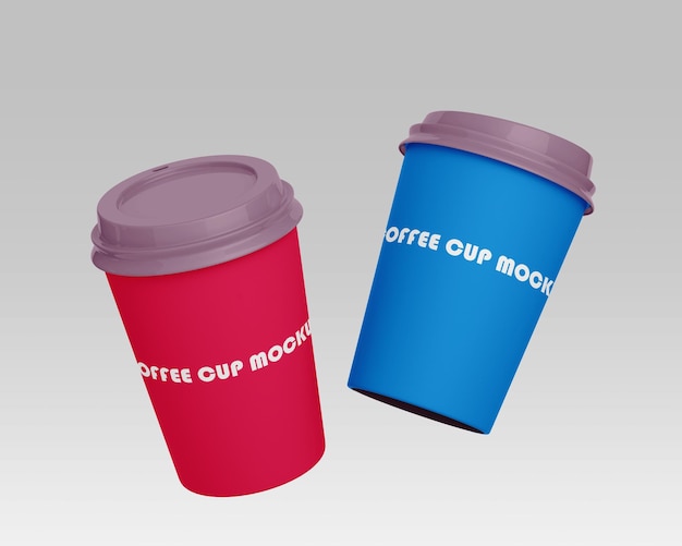 Mockup PSD gratuito due tazze di caffè rosse e blu con le parole mockup tazza di caffè sul davanti