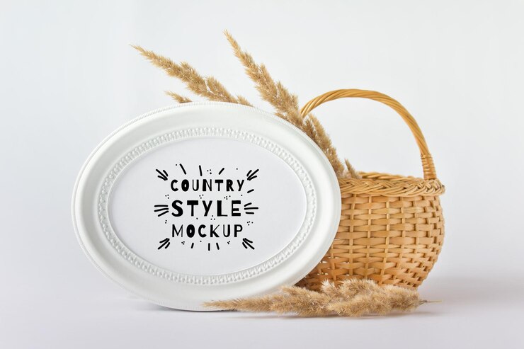 Mockup psd modificabile con composizione creativa in stile country di cesto di legno e cornice ovale rotonda