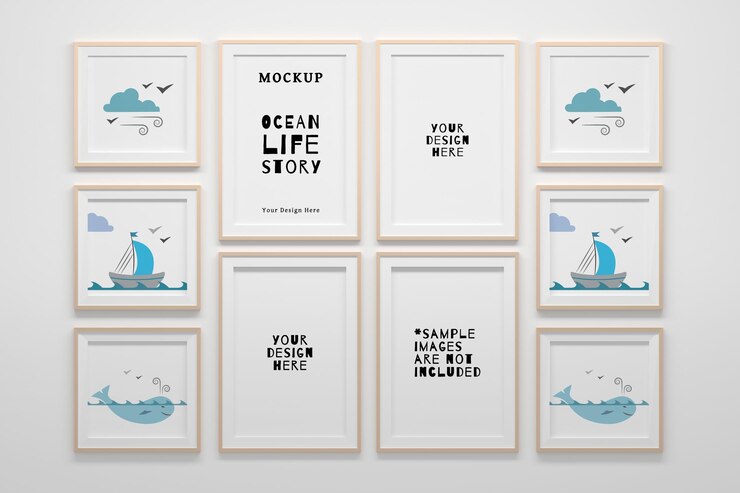 Mockup psd modificabile con una raccolta di dieci fotogrammi sei fotogrammi quadrati e quattro fotogrammi verticali a4