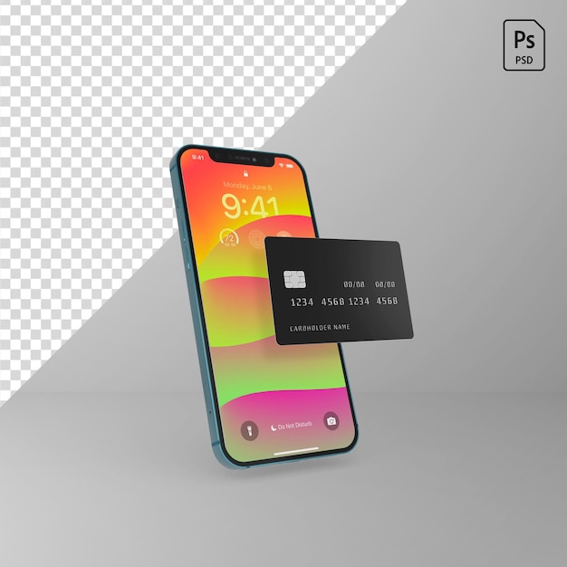 Mockup PSD premium di carta di credito con smartphone 12 pro max