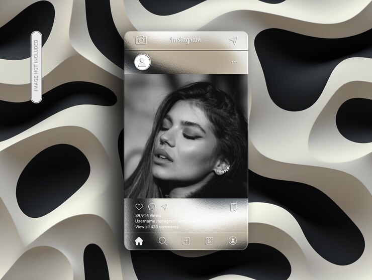 Mockup de publicación de Instagram en PSD con interfaz de morfismo de vidrio
