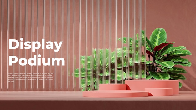 Mockup-Raum rosa Farbe gekrümmter Zylinder Podium in Landschaft Glaswand 3D-Bildrender