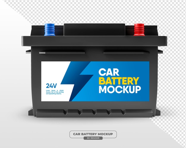 Mockup realista de la batería de automóvil renderizado en 3D para aplicaciones automotrizes con parte trasera transparente