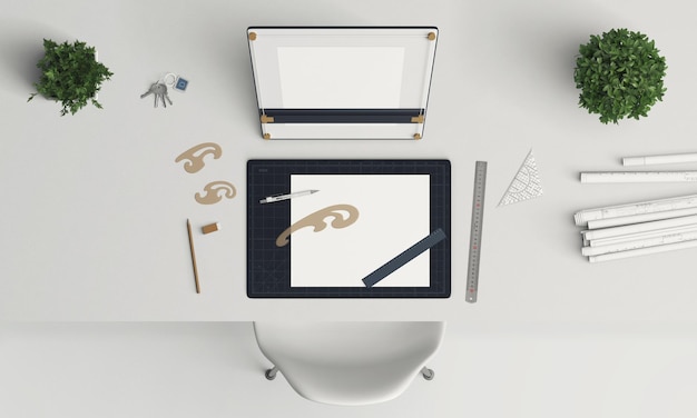 Mockup realista de papelería y herramientas artesanales en tema blanco