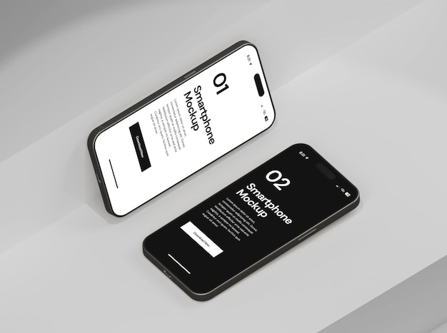 Mockup realista de teléfonos inteligentes de diferentes pantallas que muestran la pantalla en modo oscuro y claro