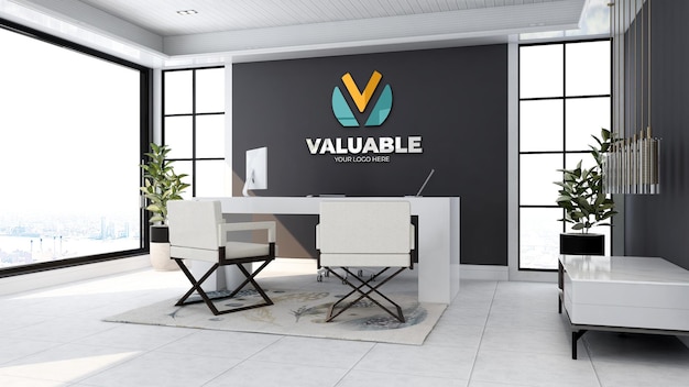 mockup realistico del logo aziendale 3d nello spazio del manager dell'ufficio con interni di design di lusso