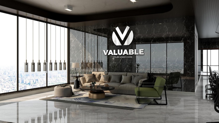 mockup realistico del logo aziendale nella sala d'attesa dell'ingresso dell'ufficio