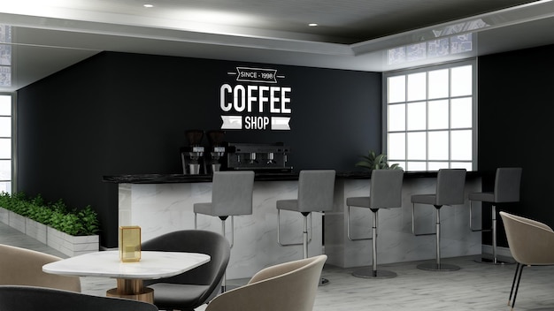 mockup realistico del logo della parete 3d nell'interno moderno del bar caffetteria