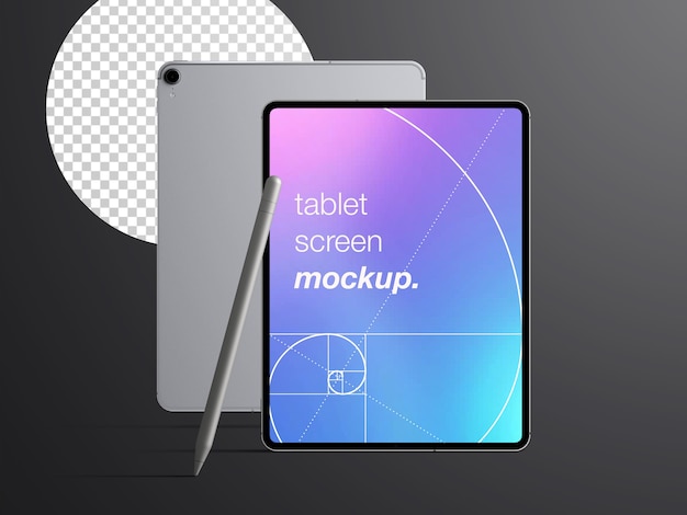 Mockup realistico isolato del dispositivo tablet anteriore e posteriore con matita stilo