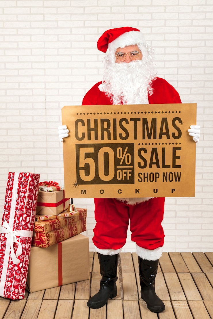 PSD mockup de rebajas de navidad con santa