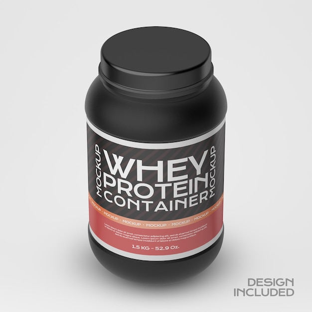 Mockup de un recipiente de plástico de proteínas de suero
