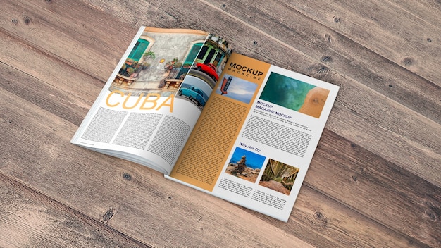 PSD mockup de revista abierta en mesa de madera