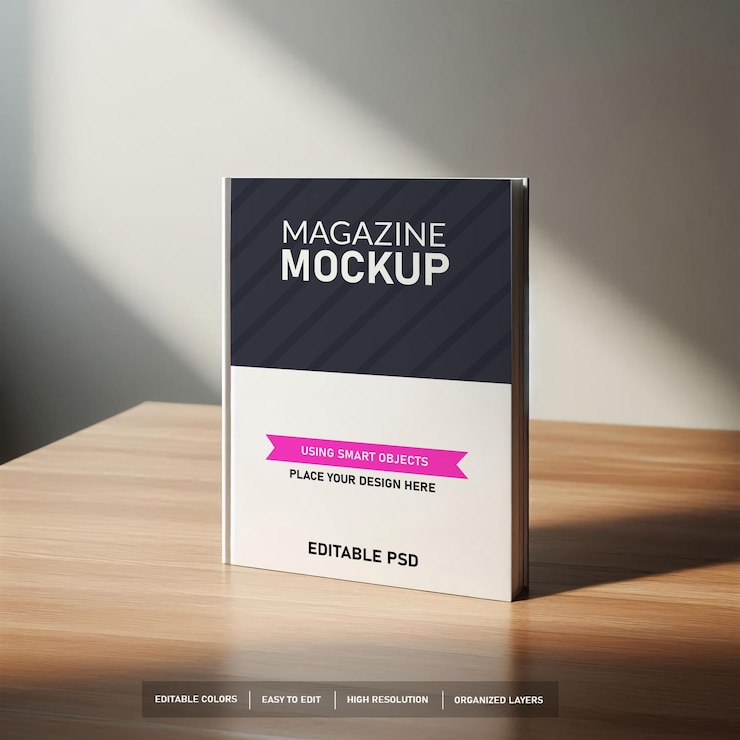 Mockup de revista PSD totalmente editable para marca profesional con fondo de madera