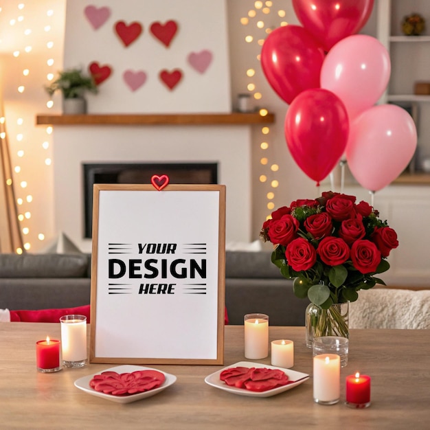 Mockup romántico del Día de San Valentín con rosas y globos en blanco