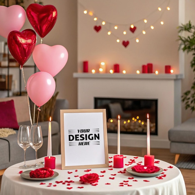 Mockup romántico del Día de San Valentín con rosas y globos en blanco