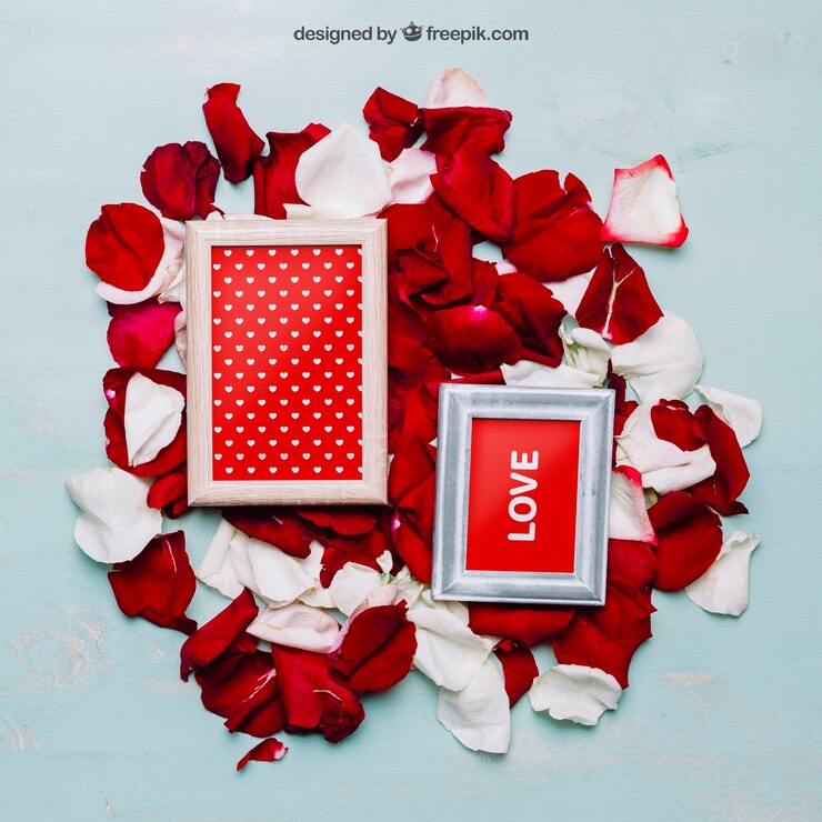 PSD mockup de san valentin con marcos y pétalos