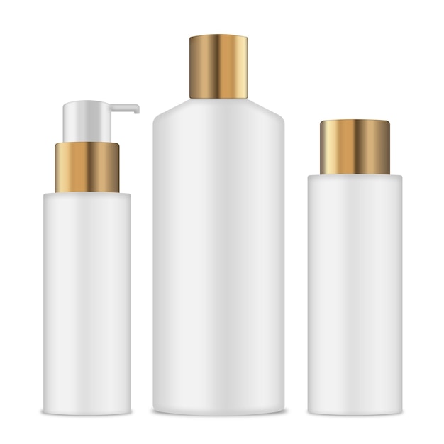 Mockup Set di flaconi in plastica lucida bianca e oro con dispenser per shampoo con lozione e sapone liquido PSD