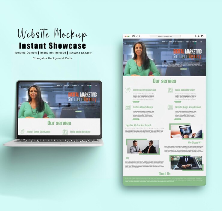 Mockup de sitio web Muestra instantánea de soluciones de marketing digital