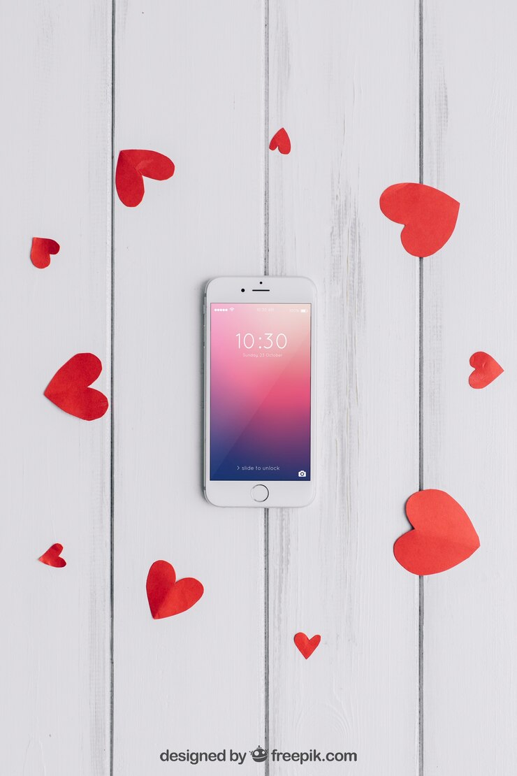 PSD mockup de smartphone y elementos de san valentín