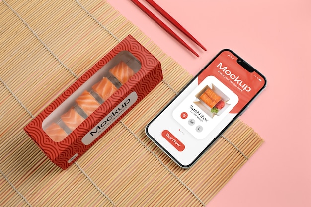 Mockup de smartphone con entrega de sushi