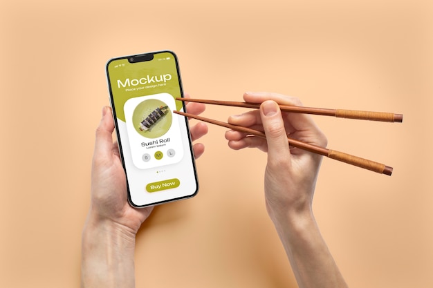 PSD mockup de smartphone con entrega de sushi