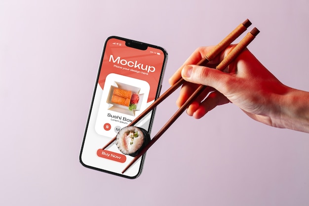 PSD mockup de smartphone con entrega de sushi