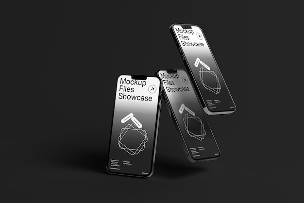 Mockup de smartphone flottant triple pour la présentation de la conception d'applications