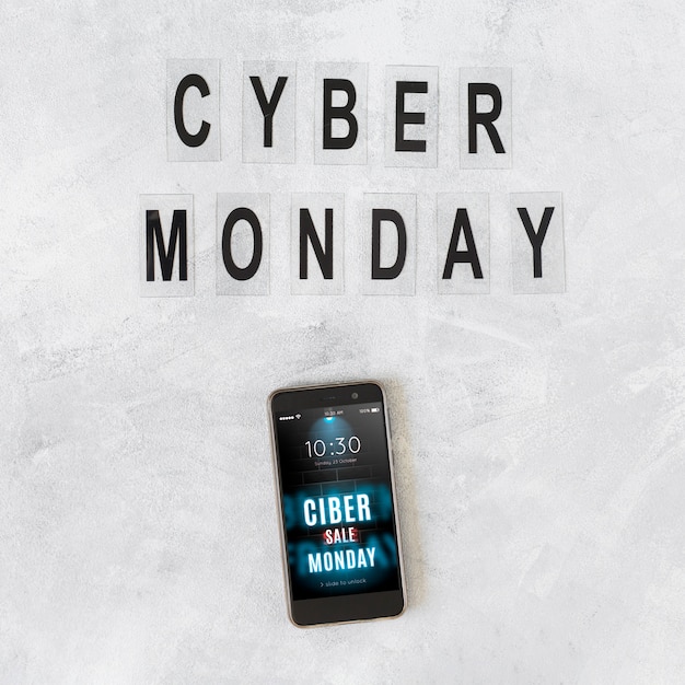 PSD mockup de smartphone con letras de cyber monday