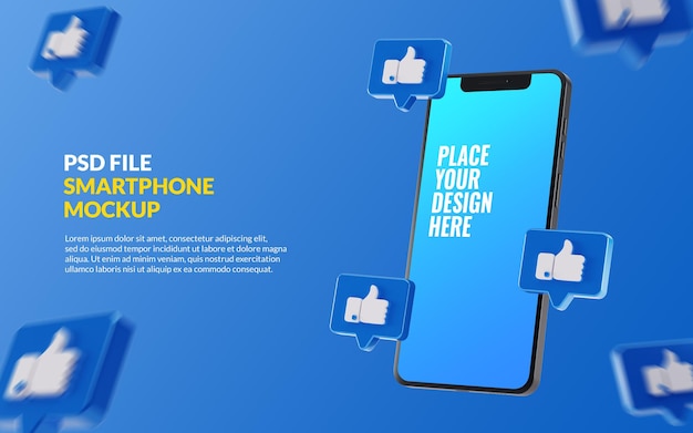 Mockup de smartphone con me gusta de facebook en bubble chat