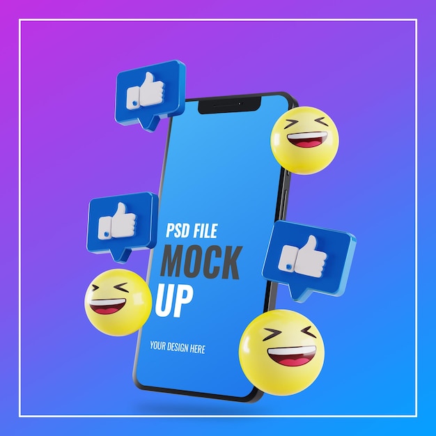 Mockup de smartphone con me gusta de facebook y emoji 3d