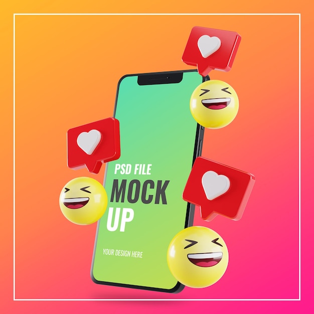 Mockup de smartphone con me gusta de Instagram y emoji 3d