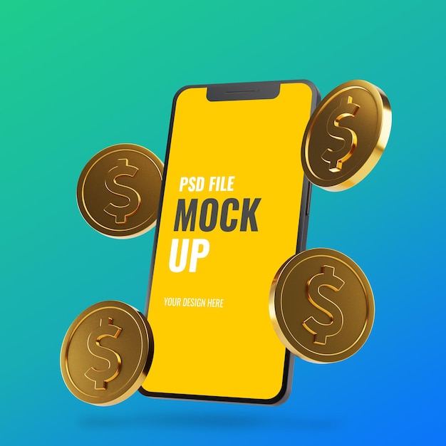 Mockup smartphone con monedas flotantes de dólar dorado