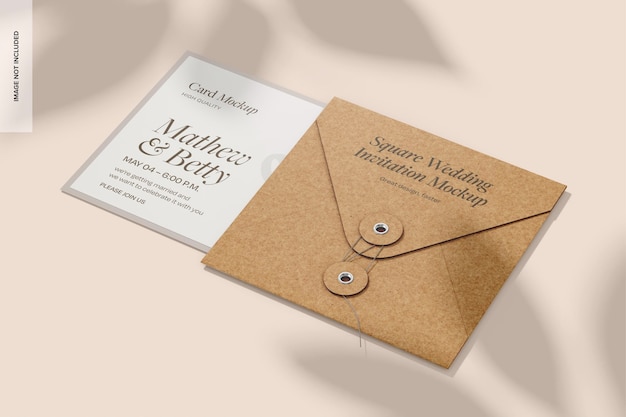 Mockup de sobre de boda cuadrado y tarjeta Vista derecha