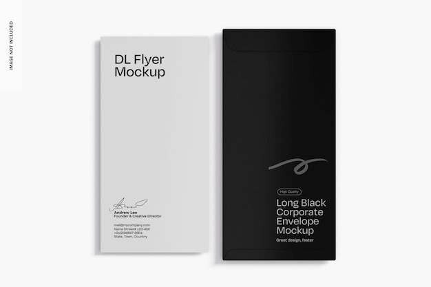 Mockup de sobre corporativo largo y negro de la vista superior
