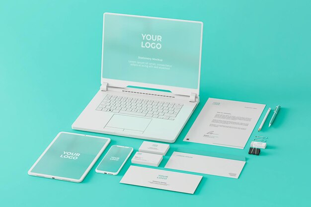 Mockup Stationery Blue Companhia de Negócios Telemóvel Laptop Tablet