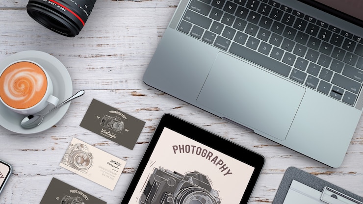 PSD mockup stationery de vista superior con concepto de fotografía