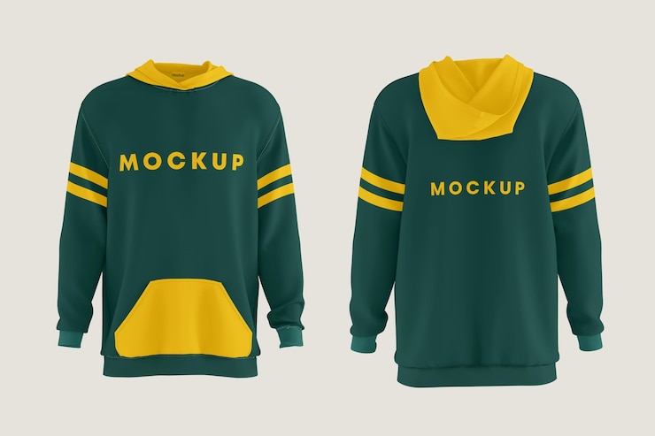 PSD mockup de sudadera verde y amarilla - vista delantera y trasera