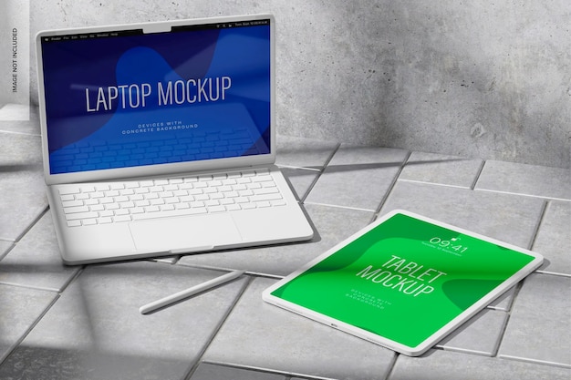 Mockup de Tableta y Laptop con Fondo de Concreto, Vista Izquierda