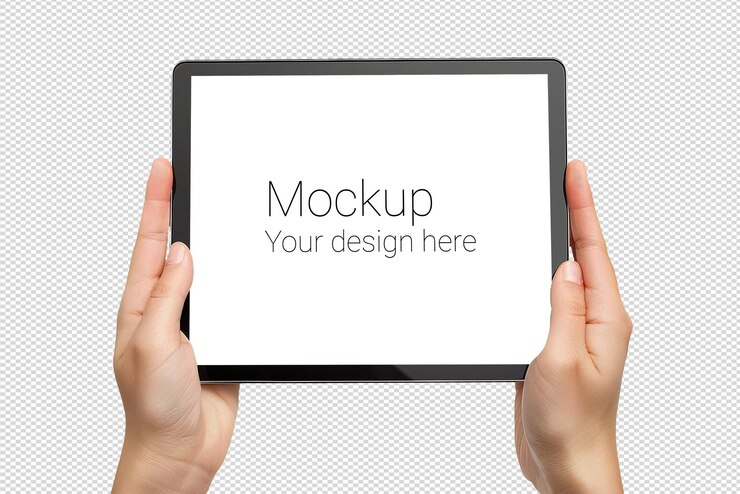 PSD mockup de una tableta negra en las manos sin fondo