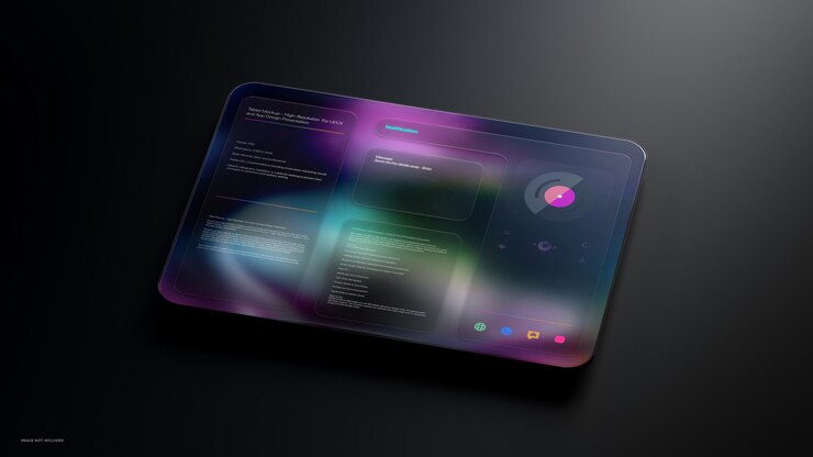 PSD mockup de tableta oscura futurista vista isométrica para el renderizado 3d de la interfaz de usuario
