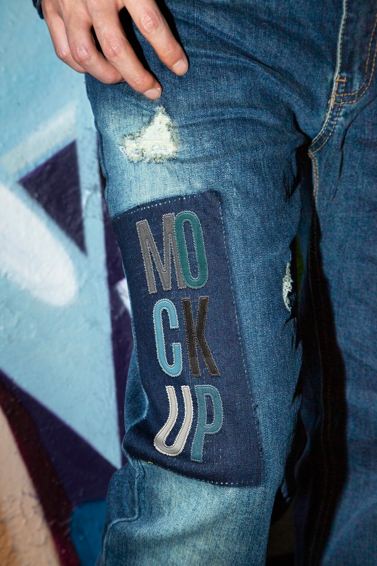 PSD mockup tambalan denim dari dekat