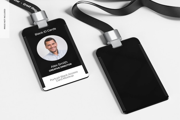 PSD mockup de tarjetas de acceso en negro de retrato visión izquierda