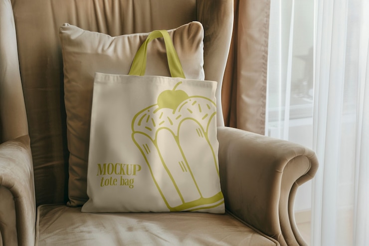 PSD mockup tas kain di dalam ruangan