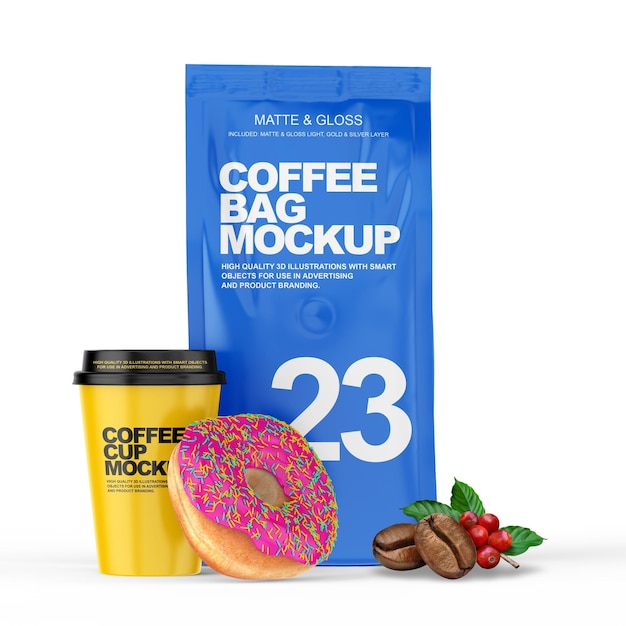 Mockup de taza y bolsa de café