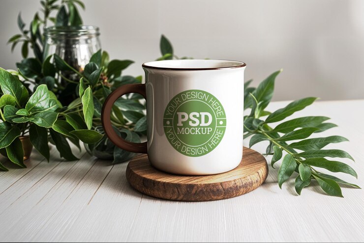 Mockup de taza vintage con decoración de vegetación