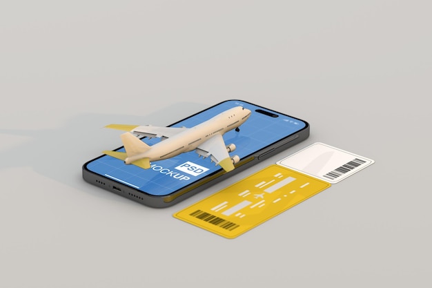 PSD mockup de teléfono con billete de avión y tarjeta de embarque